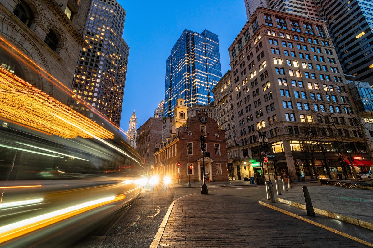 Scene of Boston Old State House buiding at twilight time in Massachusetts USA, Architecture and building with tourist concept