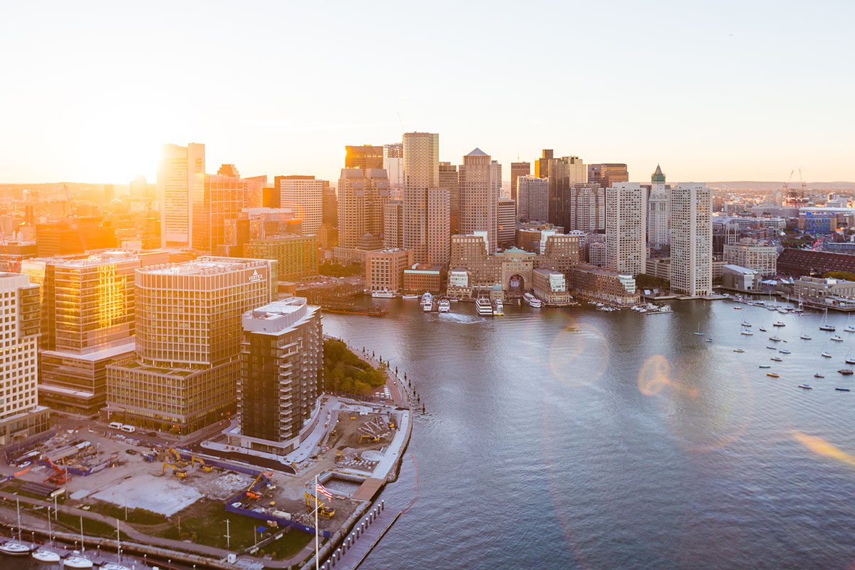 East Boston Waterfront Aerial Sunset
