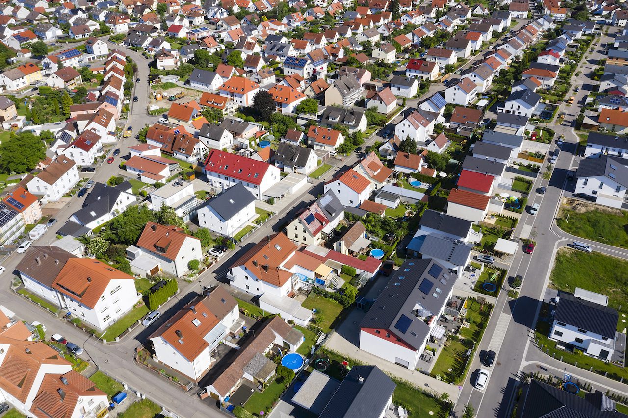 Aerial view of modern housing development.