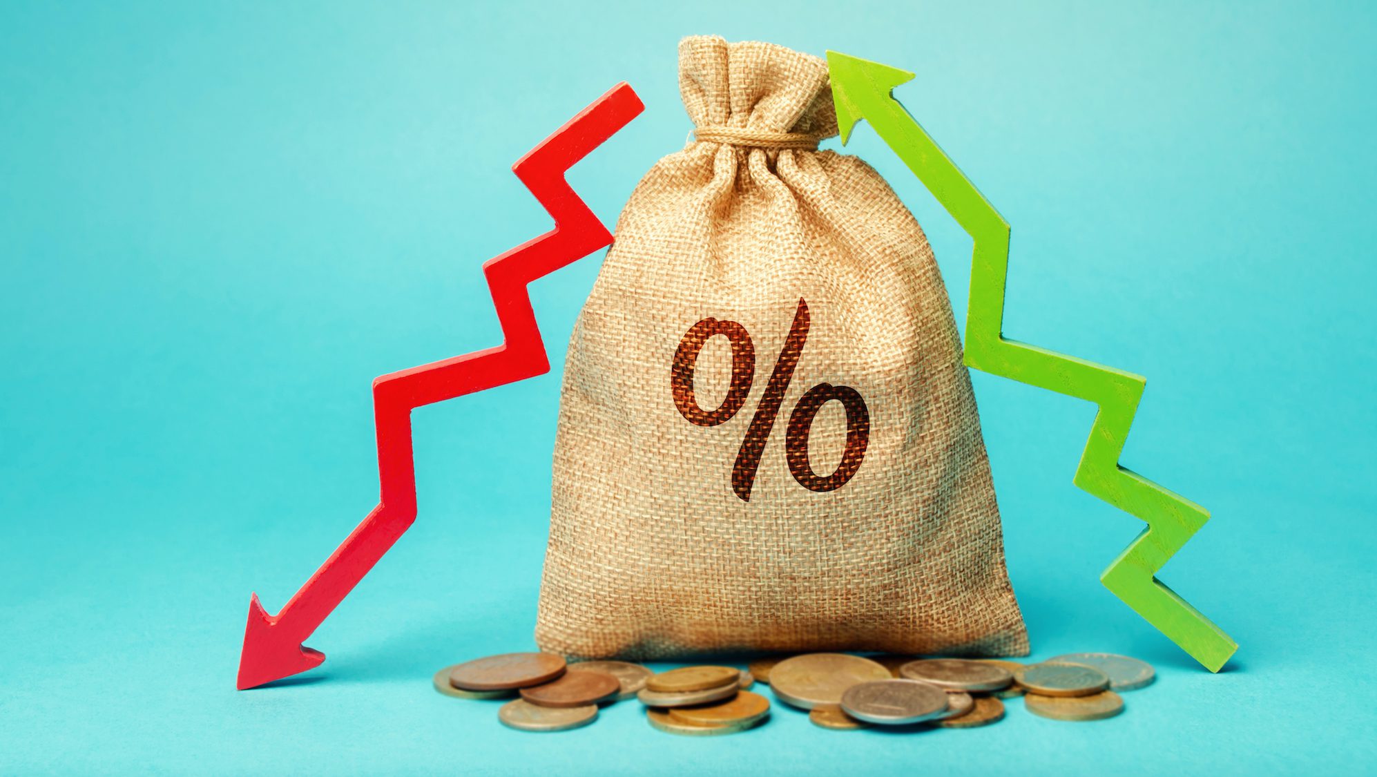 Money bag with percent and up or down arrow. Mortgage and loan rates. Interest rate, stocks, ranking. Business and finance concept.