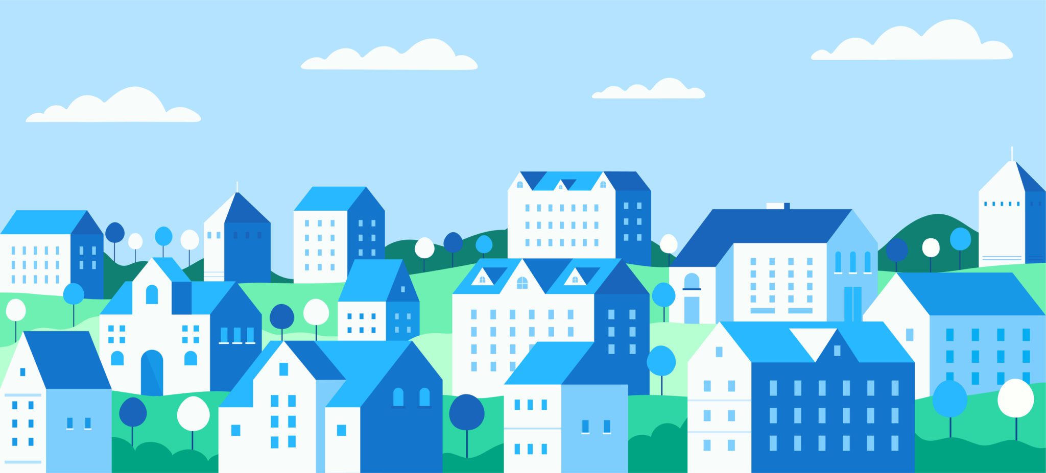 Cityscape with buildings, private houses and trees against the background mountains and hills. Concept suburban life.